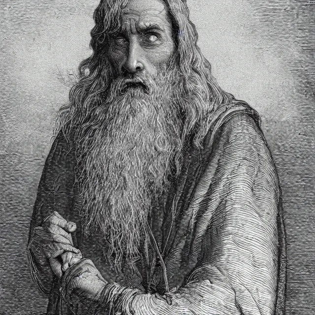 Prompt: an engraving of a wizard by gustave dore, highly detailed, white background, artstation hd