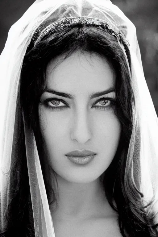 Prompt: young arab Monica Bellucci, blue eyes, long wavy black hair, white veil, closeup, focus