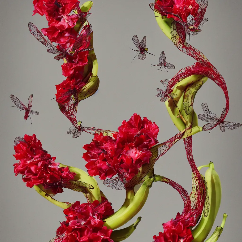 Image similar to high fashion haute couture scaled bananas with dragonflies, and form a complex fractal vegetable foliage, with red petals and shiny stems, mesh roots, hyper real, food photography, high quality