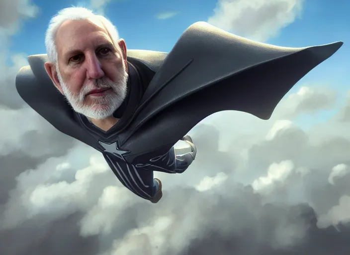 Image similar to facial portrait of greg popovich flying over san antonio, fantasy, super hero art, oil on canvas, octane render, spurs suit, trending on artstation