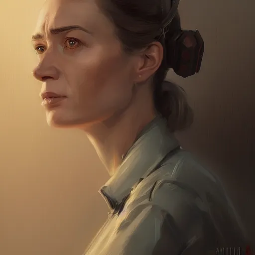 Image similar to portrait of a woman by greg rutkowski, emily blunt as an engineer, she is about 4 0 years old, wearing a utilitarian jumpsuit, highly detailed portrait, digital painting, artstation, concept art, smooth, sharp foccus ilustration, artstation hq