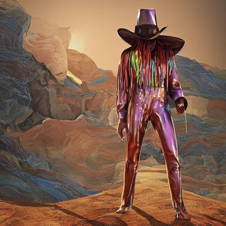 Image similar to 1 9 7 0's spaghetti western film octane render portrait by wayne barlow and carlo crivelli and glenn fabry, a person wearing a shiny colorful iridescent latex suit and cowboy hat covered in colorful slime, standing in a scenic western landscape, cinema 4 d, ray traced lighting, very short depth of field, bokeh