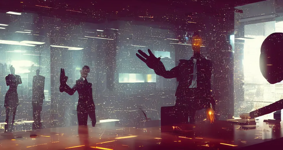 Image similar to Dramatic photo of a CEO waving goodbye to a group of silhouettes of his coworkers in a futuristic office. Golden coins are levitating all around them. 8k, high detail, trending on Artstation, volumetric lighting, cyberpunk