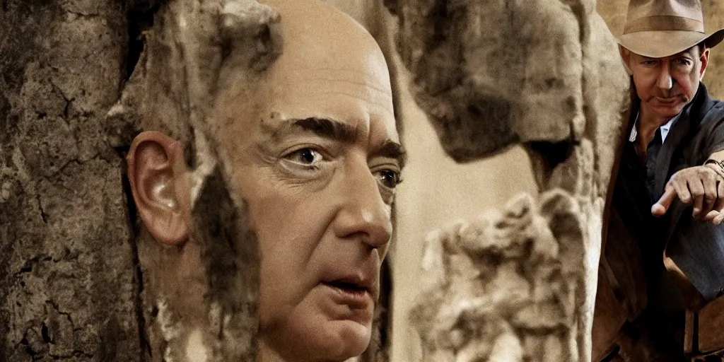 Prompt: film frame of jeff bezos taking a trasure from an ancient temple. indiana jones style 4 k quality rule of thirds jeff bezos dressed as indiana jones detail cinematic color grading by christopher nolan. portrait photography. close shot