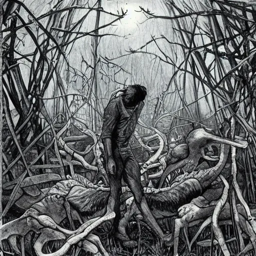 Prompt: sci - fi, hunters of monsters walking in a meat and bone forest, art by tetsuo hara