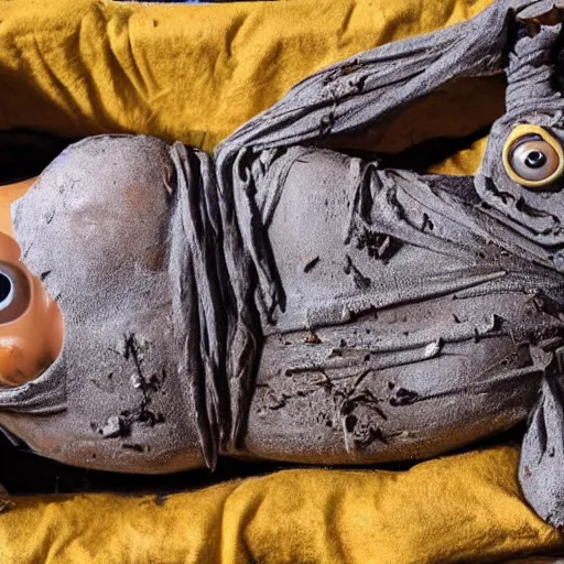 Image similar to photograph of a disgusting decomposing minion mummy lying in its sarcophagus, highly detailed