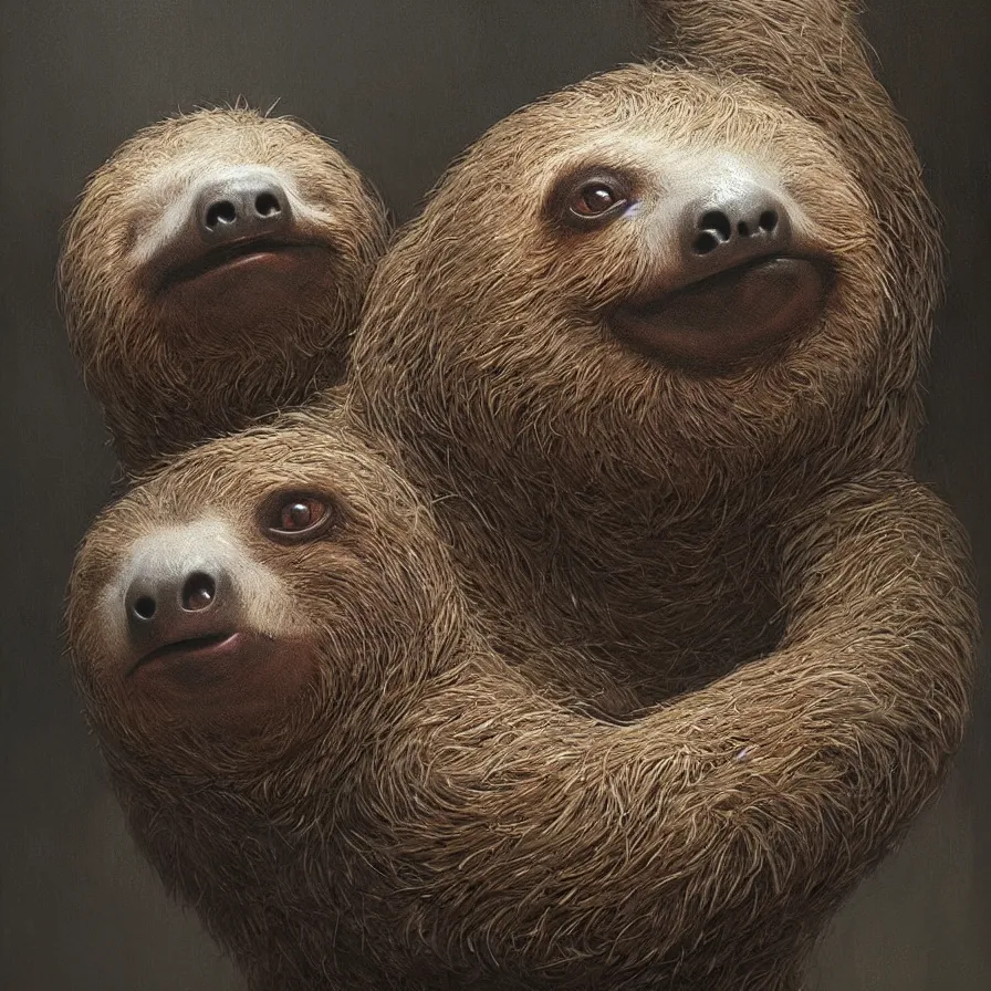 Prompt: close portrait of a sloth, high detail, dramatic light, digital art, painted by greg rutkowski, painted by seb mckinnon, trending on artstation