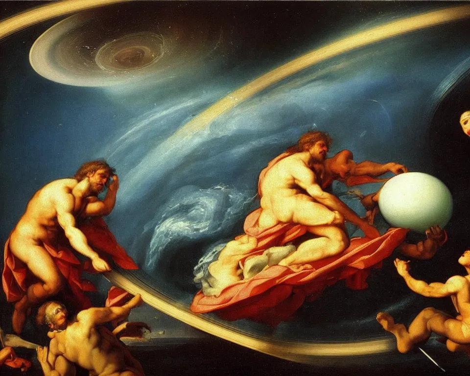 Image similar to an achingly beautiful oil painting of the planet Saturn colliding with the Poseidon by Raphael and Hopper.