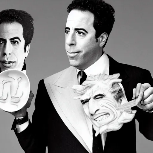 Image similar to jerry seinfeld holding a fork and knife with kramer's head on a plate. realistic photo