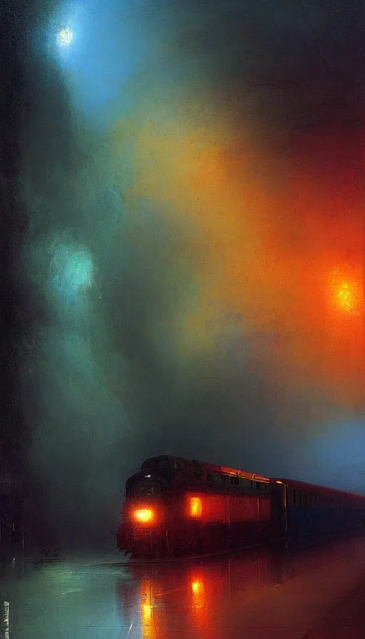 Prompt: a train driving through a psychedelic tunnel, by ivan aivazovski,