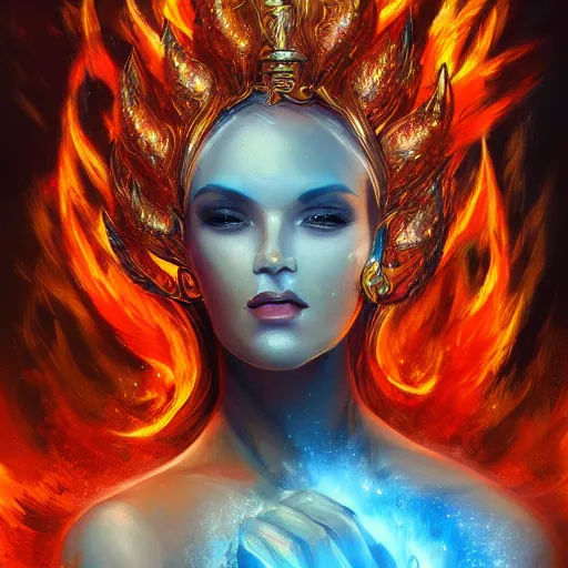 Image similar to A beautiful painting of a flame goddess by Andrews Esao, fantasy, Trending on artstation.