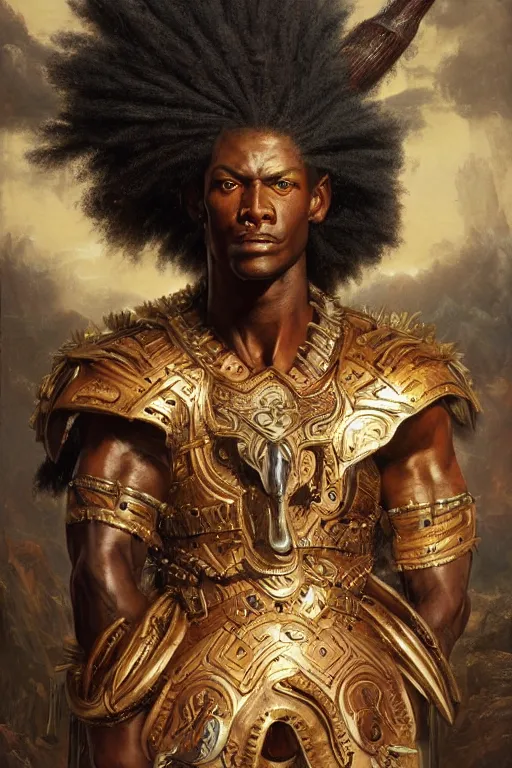 Image similar to a powerful and muscular make african warrior , half body portrait, ornate armour, realistic oil painting by Thomas Cole and Wayne Barlowe and Boris Valejo