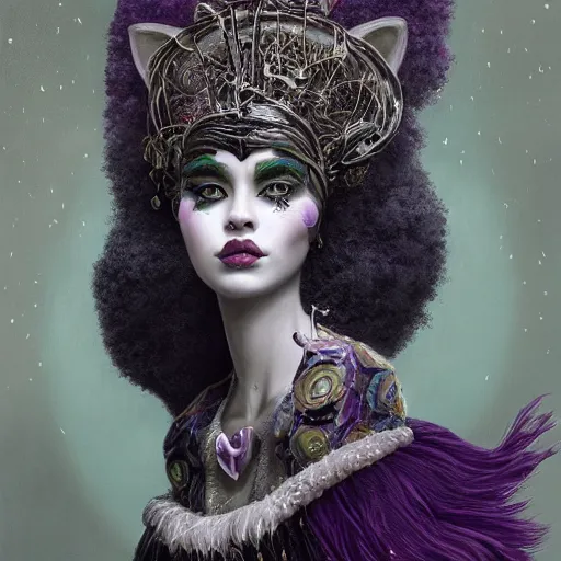 Image similar to picture generation, soft painting curiosities carnival, beautiful female anthropomorphic cat head in full long dress, accurate features, focus, very intricate ultrafine details, black white purple volumetric clouds, award winning masterpiece, octane render 8 k hd, tom bagshaw artstyle