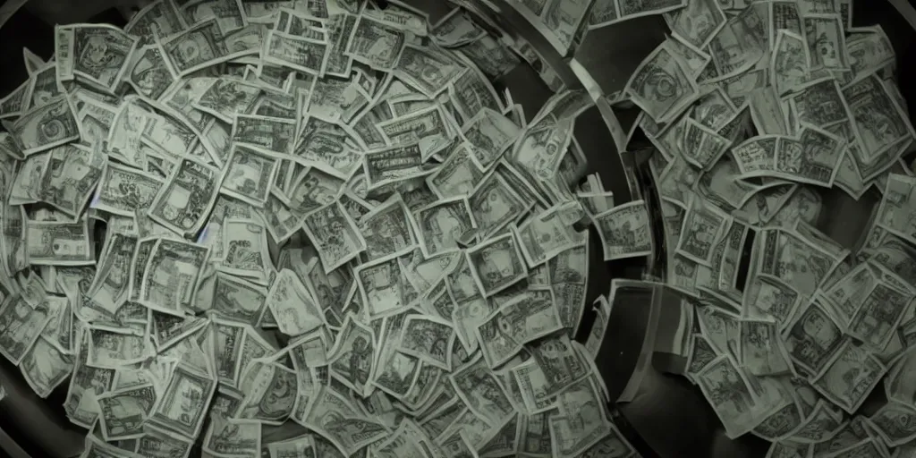 Prompt: a film still of cash money floating in a vault, shallow depth of field, cinematic, award winning cgi, vfx, film still