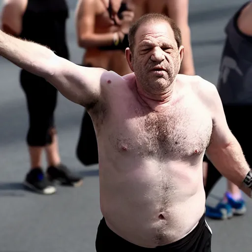 Prompt: shirtless harvey weinstein running marathon hands in the air while shouting