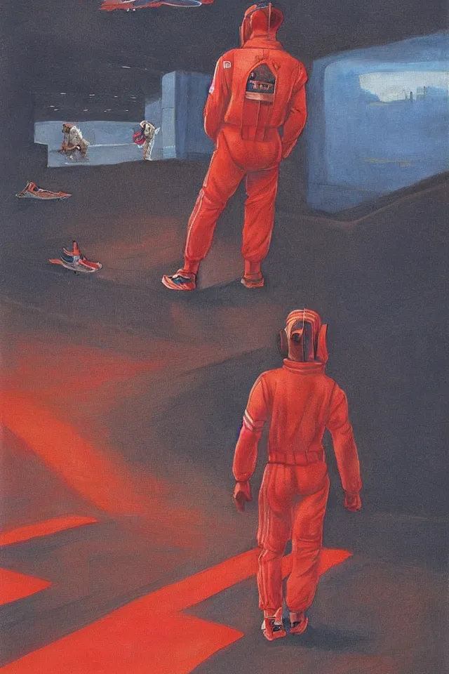 Prompt: CHAPPIE In A Red Adidas Track Suit, full figure, stormy weather, extremely detailed masterpiece, low-key neon lighting, artstation, 2001: A Space Odyssey, Roger Deakin’s cinematography, by J. C. Leyendecker and Peter Paul Rubens and Edward Hopper and Michael Sowa