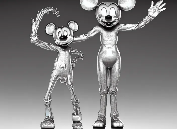 Image similar to stylized shiny polished silver statue full body extra limbs bizarre cosmic horror demonic demon made of marble of disney character mickey mouse, perfect symmetrical body, perfect symmetrical face, hyper realistic, hyper detailed, by johannen voss, by michelangelo, octane render, blender, 8 k, displayed in pure white studio room