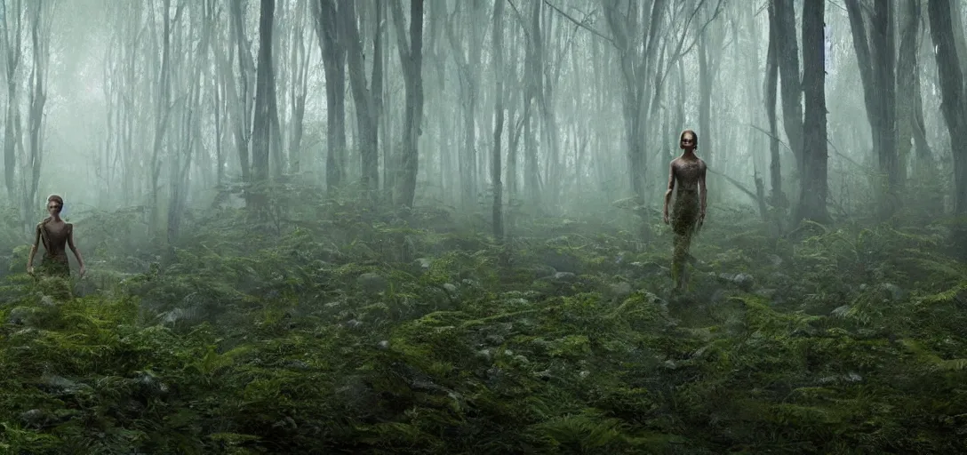 Image similar to a complex organic fractal 3 d metallic symbiotic ceramic humanoid megastructure emma watson in a swampy lush forest, foggy, cinematic shot, photo still from movie by denis villeneuve