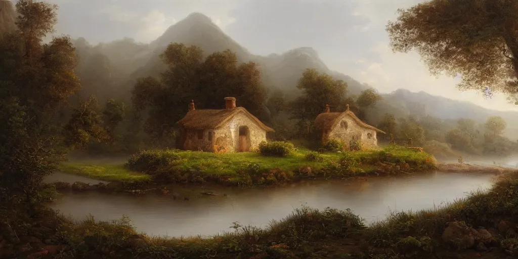 Prompt: a beautiful landscape painting of a cottage by a river in a valley, foggy atmosphere, by john glover, oil on canvas, highly detailed, hd, 4 k