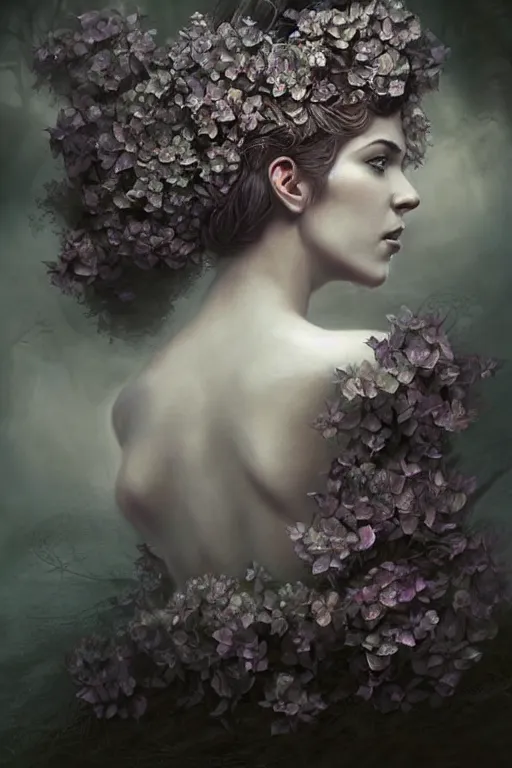 Image similar to hydrangea queen goddess dreaming!!!, windy floating hair!!, atmospheric moody, dark surreal, seductive beauty! cinematic volumetric lights, bust portrait, dnd, fantasy, intricate, elegant, highly detailed, digital painting, artstation, concept art, smooth, sharp focus, illustration, art by artgerm and tom bagshaw and greg rutkowski and alphonse mucha