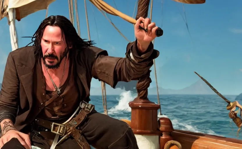 Image similar to Keanu reeves in a role of Sea of thieves Pirate, film still