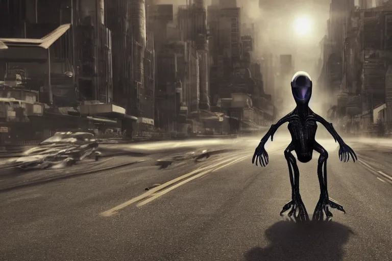 Image similar to an amazing award winning photo of an alien on the run in a unknown alien city, cinematic