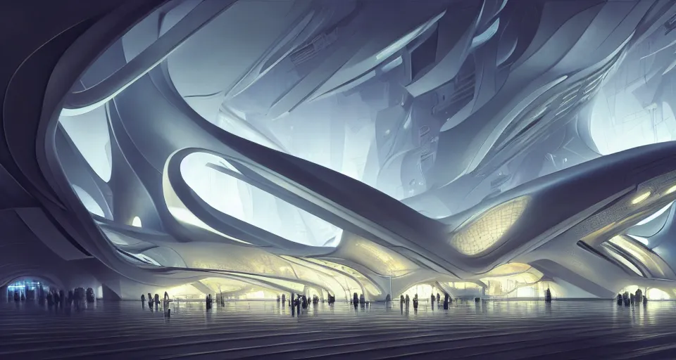 Image similar to cinematic shot, futuristic building, crowded, utopian, zaha hadid, shiny, white, lights, digital painting, artstation, concept art, smooth, sharp focus, illustration, intricate, elegant, highly detailed, in the style of greg rutkowski and alphonse mucha and artemisia, 8 k, highly detailed, jurgens, rutkowski