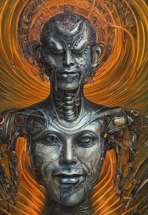 Image similar to perfectly centered portrait, front view of a beautiful biomechanical cyberpunk alien android robot buddha, female, flowing hair, intense stare, sarcastic smile, symmetrical, concept art, intricate detail, volumetric shadows and lighting, realistic oil painting by alex grey and h. r giger,