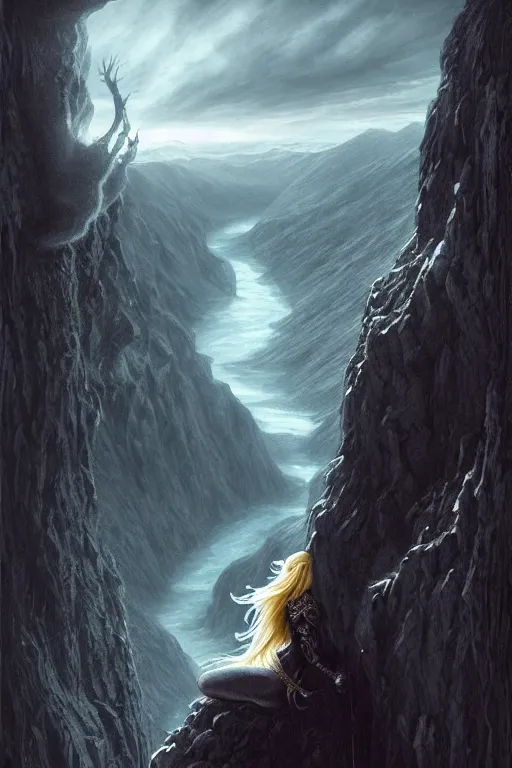 Prompt: A beautiful Norse Goddess with long blonde hair on a ledge of deep abyss fantasy, tibet, vertiginous view and valley, intricate, elegant, highly detailed, D&D, digital painting, artstation, concept art, matte painting, sharp focus, illustration, extremely moody lighting, glowing light and shadow, atmospheric, shadowy, cinematic, in the style of Greg Rutkowski and artemisia gentileschi and Alphonse Mucha