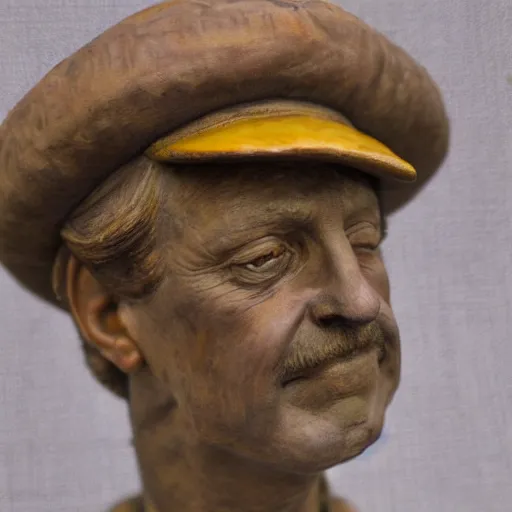 Image similar to hyper realistic closeup bust of a new england fisherman, wearing a yellow fisherman's hat, steve buscemi, painted, colorized, bossons vintage chalkware, by emile renouf