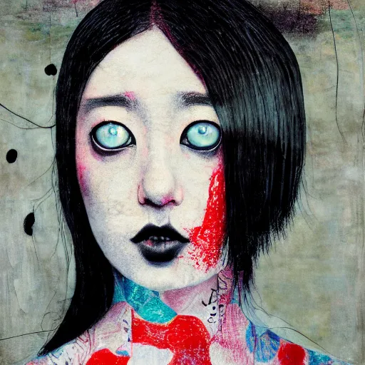 Image similar to yoshitaka amano blurred and dreamy realistic three quarter angle portrait of a young woman with black lipstick and black eyes wearing dress suit with tie, junji ito abstract patterns in the background, satoshi kon anime, noisy film grain effect, highly detailed, renaissance oil painting, weird portrait angle, blurred lost edges