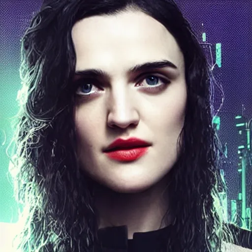 Image similar to Katie McGrath as Cyberpunk Morgana