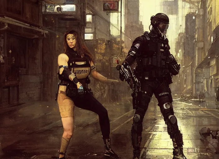 Image similar to Maria evades sgt Griggs. Cyberpunk hacker escaping Menacing Cyberpunk police trooper griggs wearing a combat vest. (dystopian, police state, Cyberpunk 2077, bladerunner 2049). Iranian orientalist portrait by john william waterhouse and Edwin Longsden Long and Theodore Ralli and Nasreddine Dinet, oil on canvas. Cinematic, vivid colors, hyper realism, realistic proportions, dramatic lighting, high detail 4k