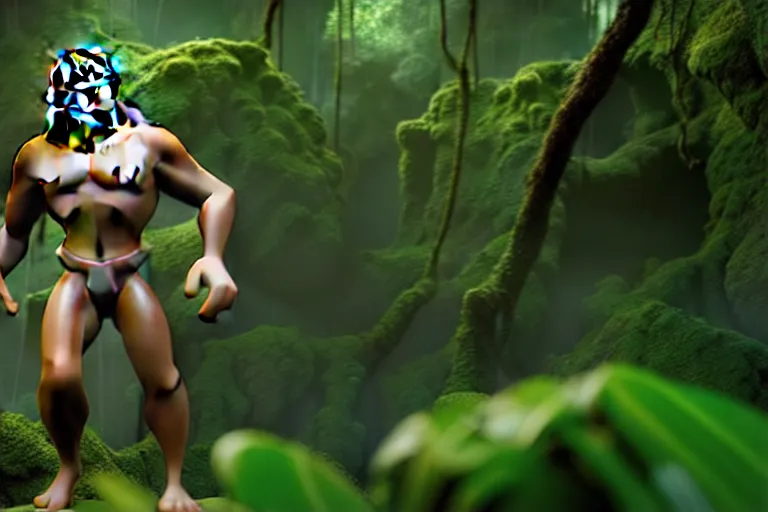 Prompt: tarzan, screenshot in a typical 3 d pixar movie, disney infinity 3 star wars style, volumetric lighting, subsurface scattering, photorealistic, octane render, josh black