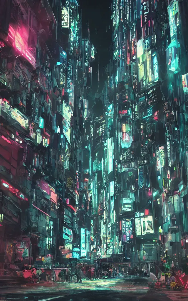Image similar to concept art of a magnificent dark neon futuristic cyberpunk city bustling street at night cyberart by liam wong in the film akira rendered in octane, 3 d render, trending on cgsociety, blender 3 d