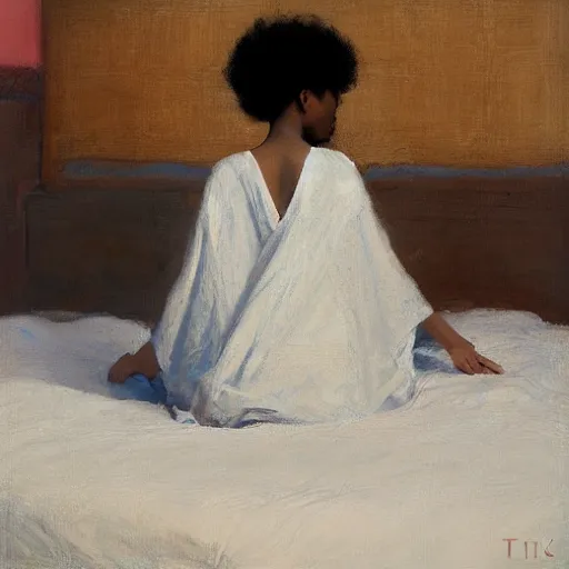 Image similar to girl with afro, in kimono, backview, sitting on edge of bed, by jeremy lipking, tim rees, joseph todorovitch