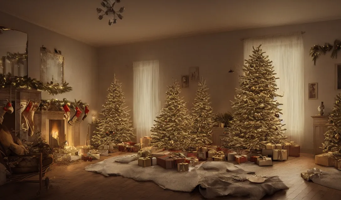 Image similar to a christmas eve in a beautiful home, photorealistic landscape painting on the wall, ascher clemens, home, interior, octane render, deviantart, greg rutkowski, cinematic, key art, hyperrealism, canon eos c 3 0 0, ƒ 1. 8, 3 5 mm, 8 k, medium - format print