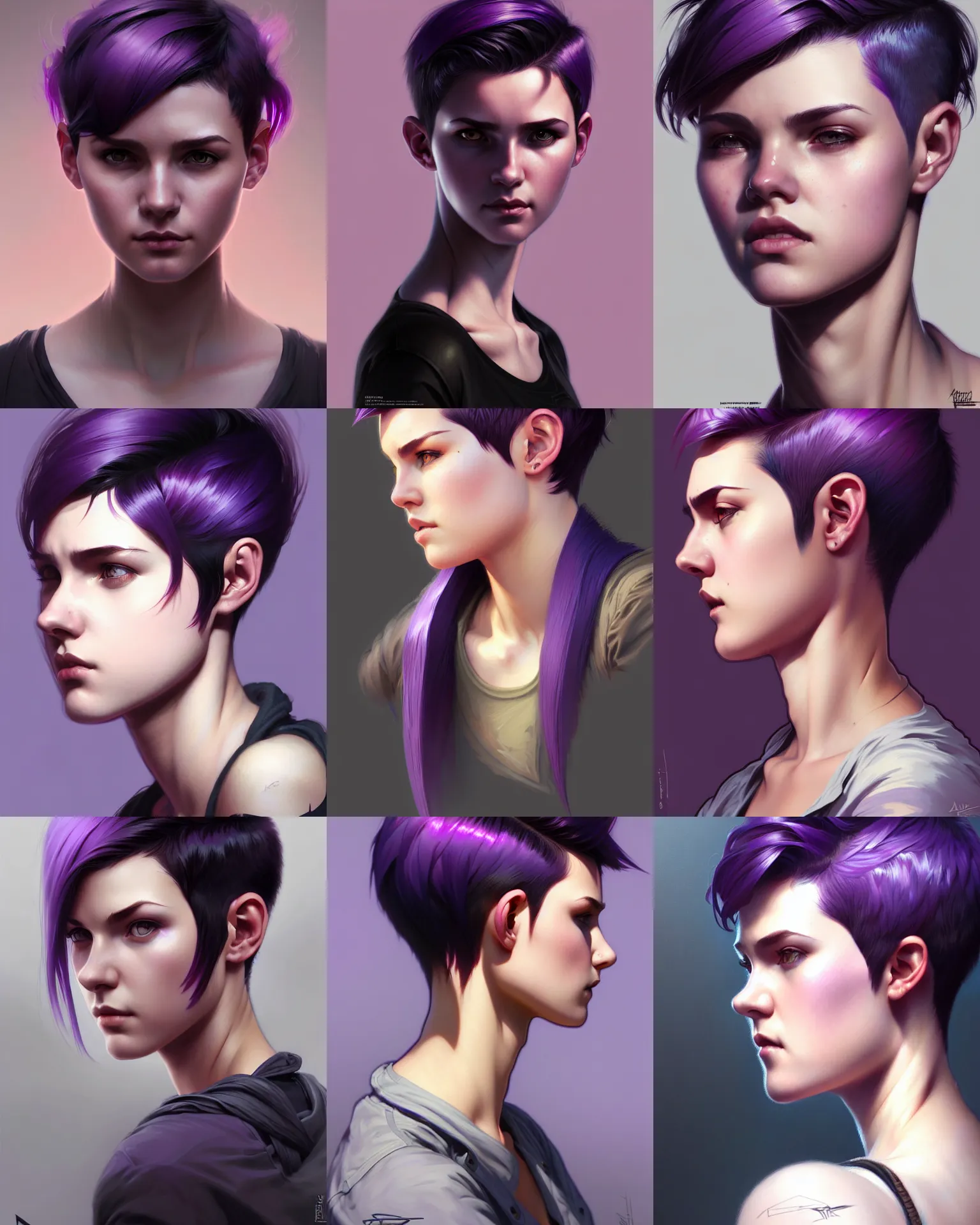 Prompt: Portrait of rugged young adult female, pixie undercut hairstyle, black to purple fade hairstyle, portrait, highly detailed, digital painting, artstation, concept art, sharp focus, illustration, art by artgerm and greg rutkowski and alphonse mucha