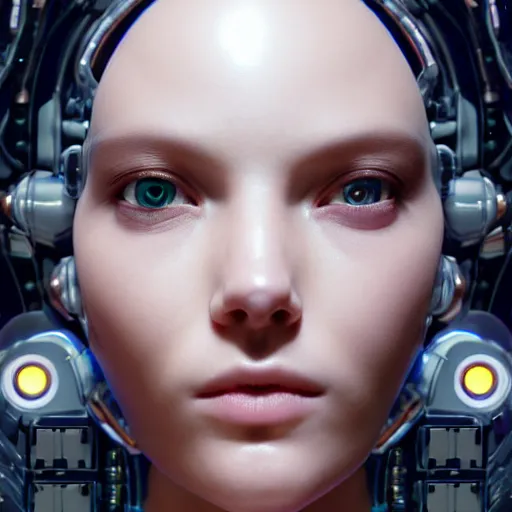 Image similar to centered portrait of an ultra detailed Mechanical Cyberpunk Female Android, looking into the camera!!, intricate, elegant, super highly detailed, professional digital painting, artstation, concept art, smooth, sharp focus, no blur, no dof, extreme illustration, Unreal Engine 5, Photorealism, 8k, cinematic, art by artgerm and greg rutkowski and alphonse mucha and loish and WLOP