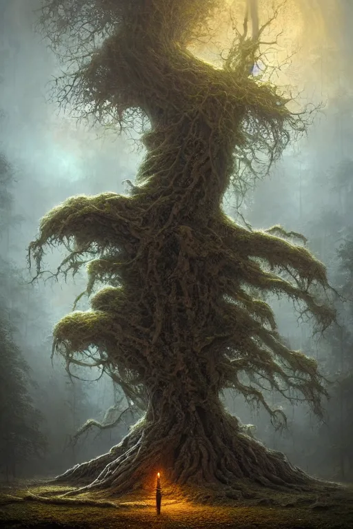 Image similar to a centered render of an ancient tree covered in bio - organic micro organisms growing in a mystical setting, cinematic, beautifully lit, by tomasz alen kopera and peter mohrbacher and craig mullins, 3 d, trending on artstation, octane render, 8 k