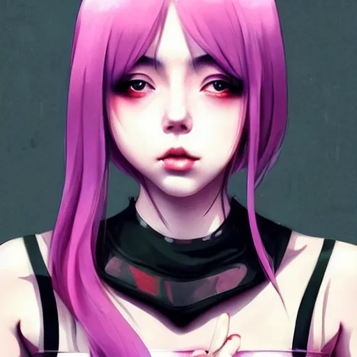 Prompt: a beautiful young japanese billie eilish hitomi tanaka alluring instagram model in elaborate latex tank top, jrpg tank top made from latex demon faces, by guweiz and wlop and ilya kuvshinov and artgerm and, aesthetic, gorgeous, stunning, alluring, attractive, artstation, deviantart, pinterest, digital art