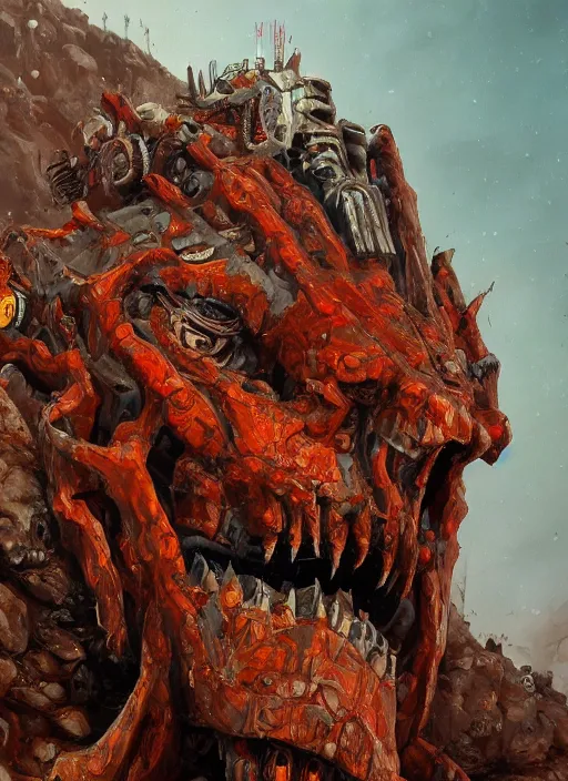 Image similar to close up portrait of a monster robot in the mountains of hell, oil painting by tomasz jedruszek, cinematic lighting, pen and ink, intricate line, hd, 4 k, million of likes, trending on artstation