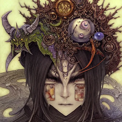 Image similar to prompt: World of Warcraft character portrait drawn Katsuhiro Otomo and Takato Yamamoto, inspired by Fables, magical and alchemical weapons, soft light, intricate detail, photorealistic style, intricate detailed oil painting, detailed illustration, oil painting, painterly feeling, intricate ink painting detail, sharp high detail, manga and anime 2000