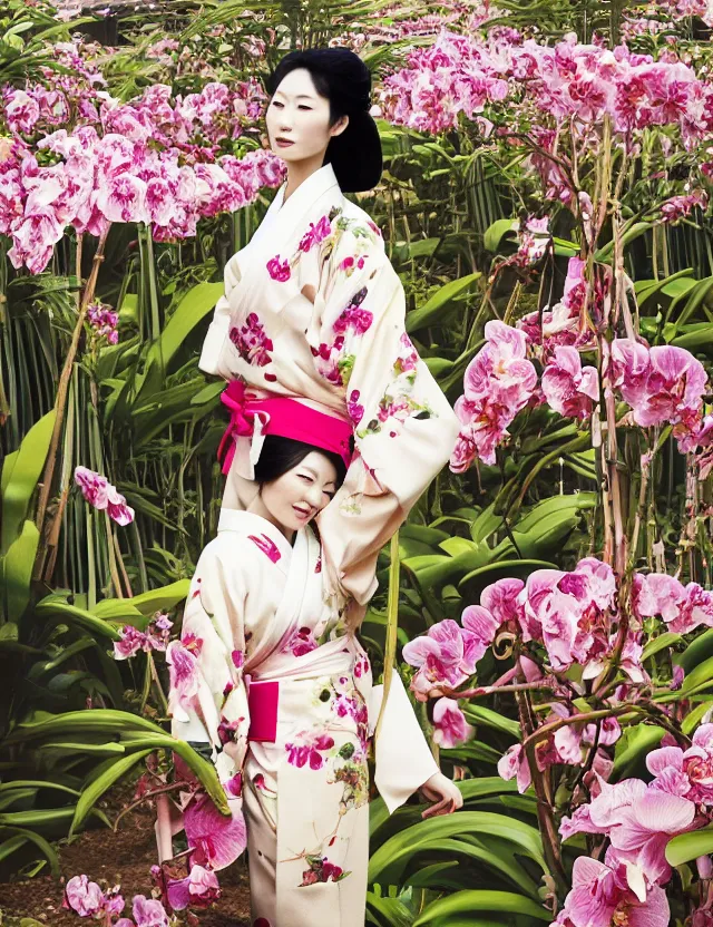 Image similar to fashion photograph of a beautiful Japanese woman wearing a traditional kimono in an orchid greenhouse, by Annie Leibowitz, extremely detailed, large format camera, Fuji Provia film, 85mm lens, bokeh, bokeh, blurred background, photorealistic, trending on instagram, trending on artstation