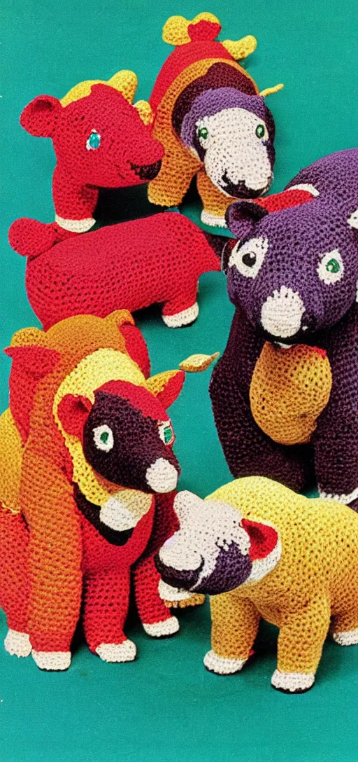 Image similar to multicolored crocheted tapirs, 1 9 8 0 s catalogue photo