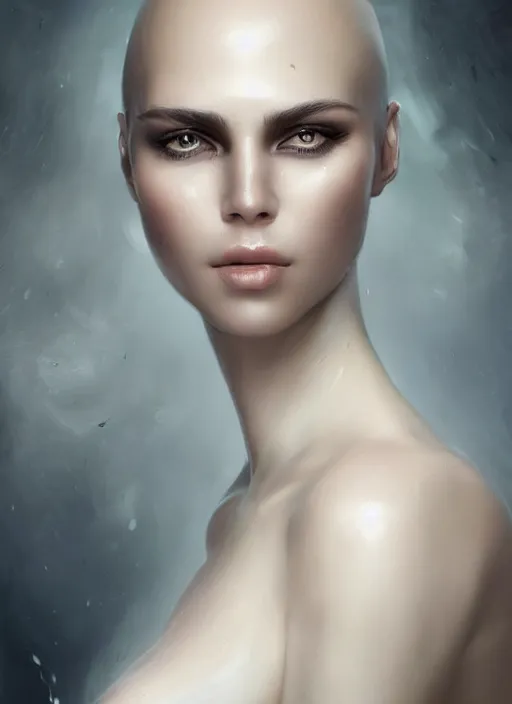 Image similar to a beautiful woman portrait with glossy sweat skin white, 8 k, sensual, mechanical parts, hyperrealistic, hyperdetailed, sharp focus portrait beautiful face, no hair, dark fantasy, fantasy portrait by laura sava