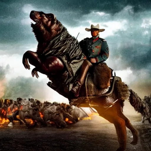 Image similar to most hated united states president, riding bear, realistic render, leading army in battle against aliens at the alamo, stormy weather with lightning, directed by christopher nolan and michael bay