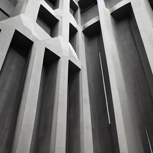 Image similar to a scifi church built in brutalist architecture, diverse unique building geometry full of shapes and corners