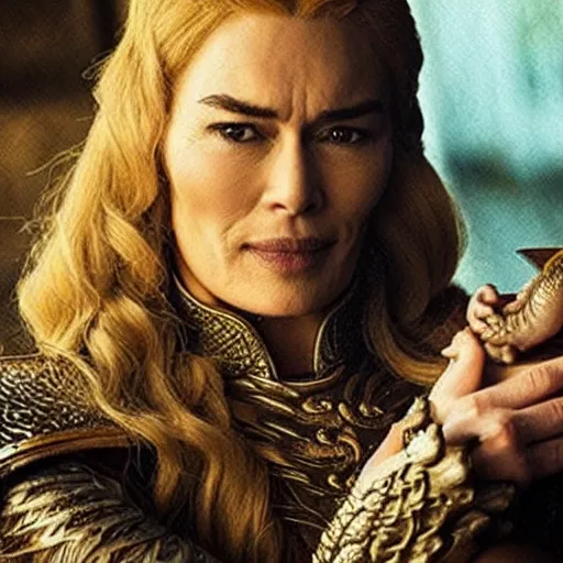 Prompt: “Cersei Lannister, petting her dragon”