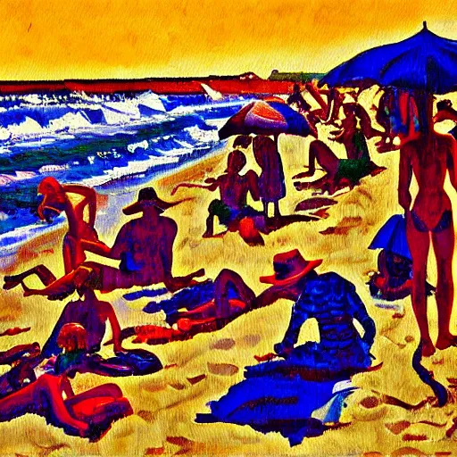 Prompt: Stunning post-impressionist painting of a day at the beach by Steve Ditko